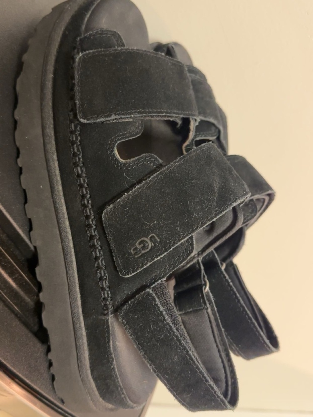 UGG Black Suede Double-Strap Platform Sandals